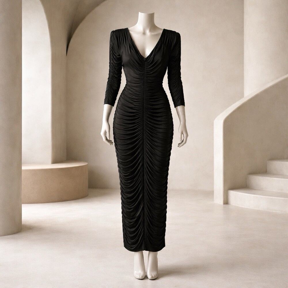 ELOQUII Black Off The Shoulder Fitted Maxi Dress Long Sleeve Ruched Size 18 - Picture 2 of 11